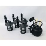 A SET OF FOUR CAST WALL LAMPS ALONG WITH TWO WALL MOUNTED CANDLESTICK HOLDERS AND CAST IRON KETTLE