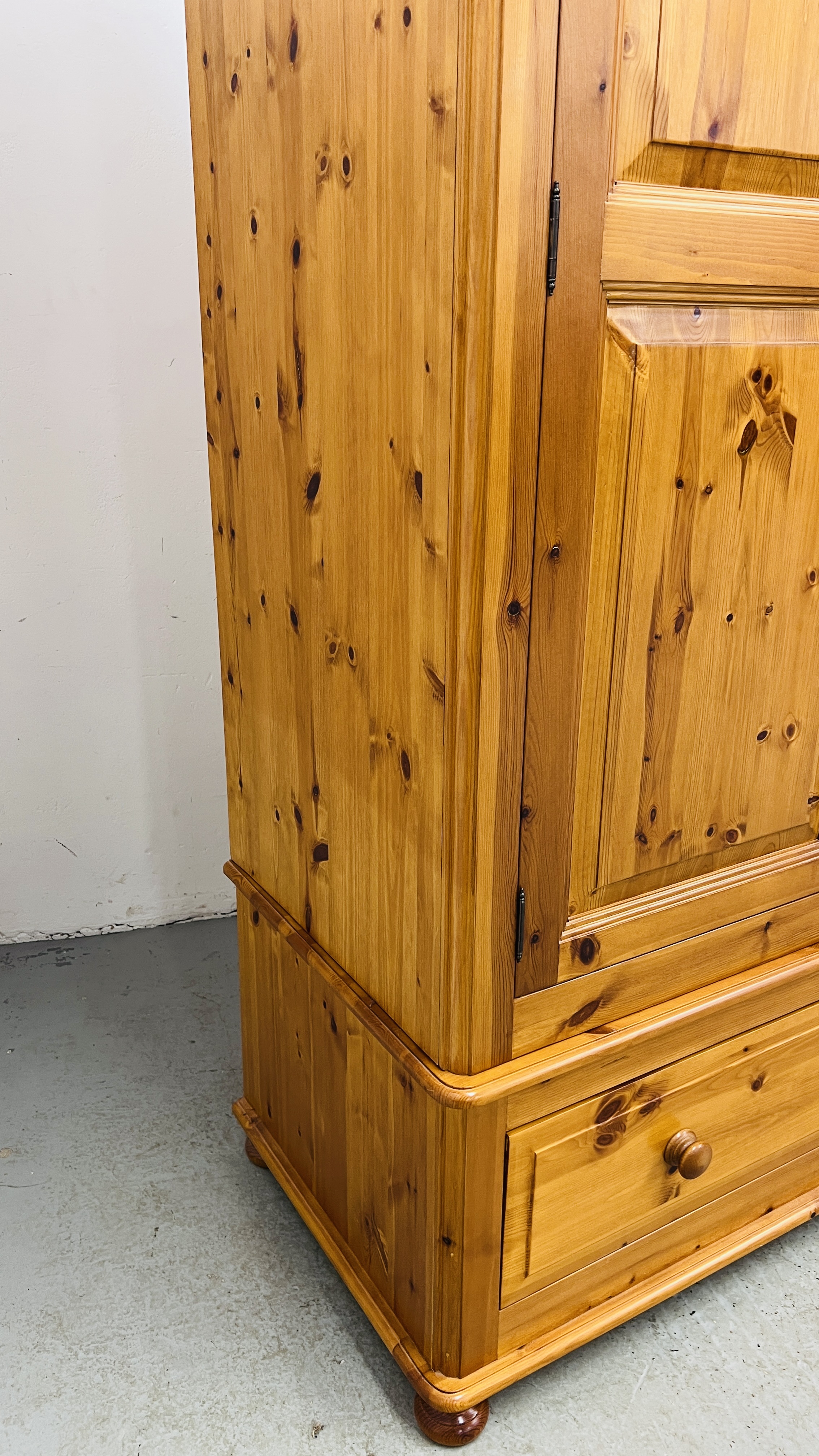 A GOOD QUALITY HONEY PINE FOUR DOOR WARDROBE WITH TWO DRAWER BASE WIDTH 228CM. DEPTH 59CM. - Image 12 of 14