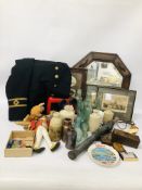 BOX OF ASSORTED VINTAGE STONEWARE AND GLASS BOTTLES + A BOX OF VINTAGE COLLECTABLES TO INCLUDE NAVY