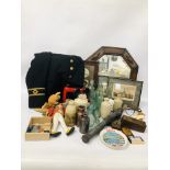 BOX OF ASSORTED VINTAGE STONEWARE AND GLASS BOTTLES + A BOX OF VINTAGE COLLECTABLES TO INCLUDE NAVY