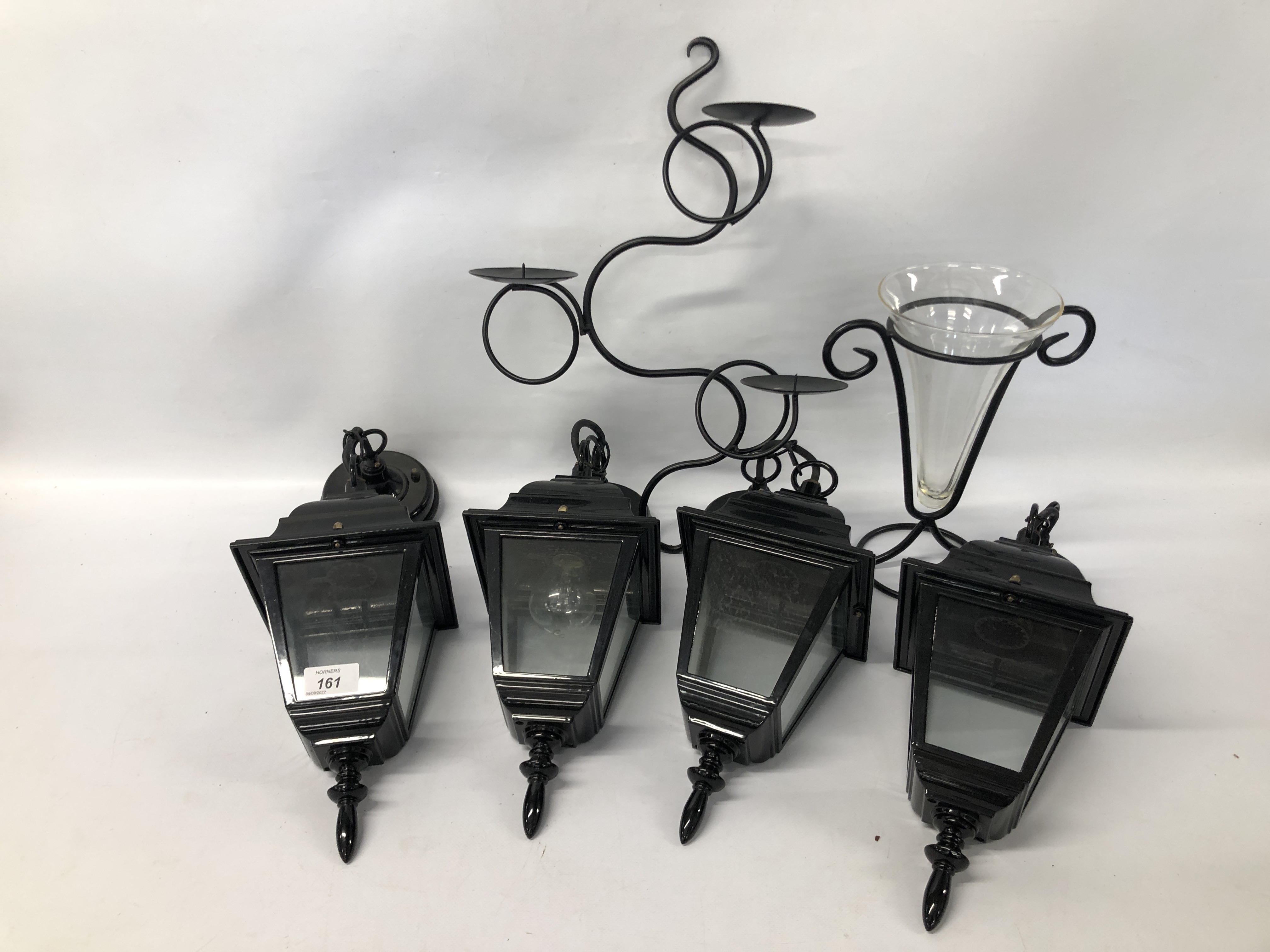 SET OF FOUR DESIGNER BLACK WALL MOUNTED LANTERN STYLE LIGHT FITTINGS,