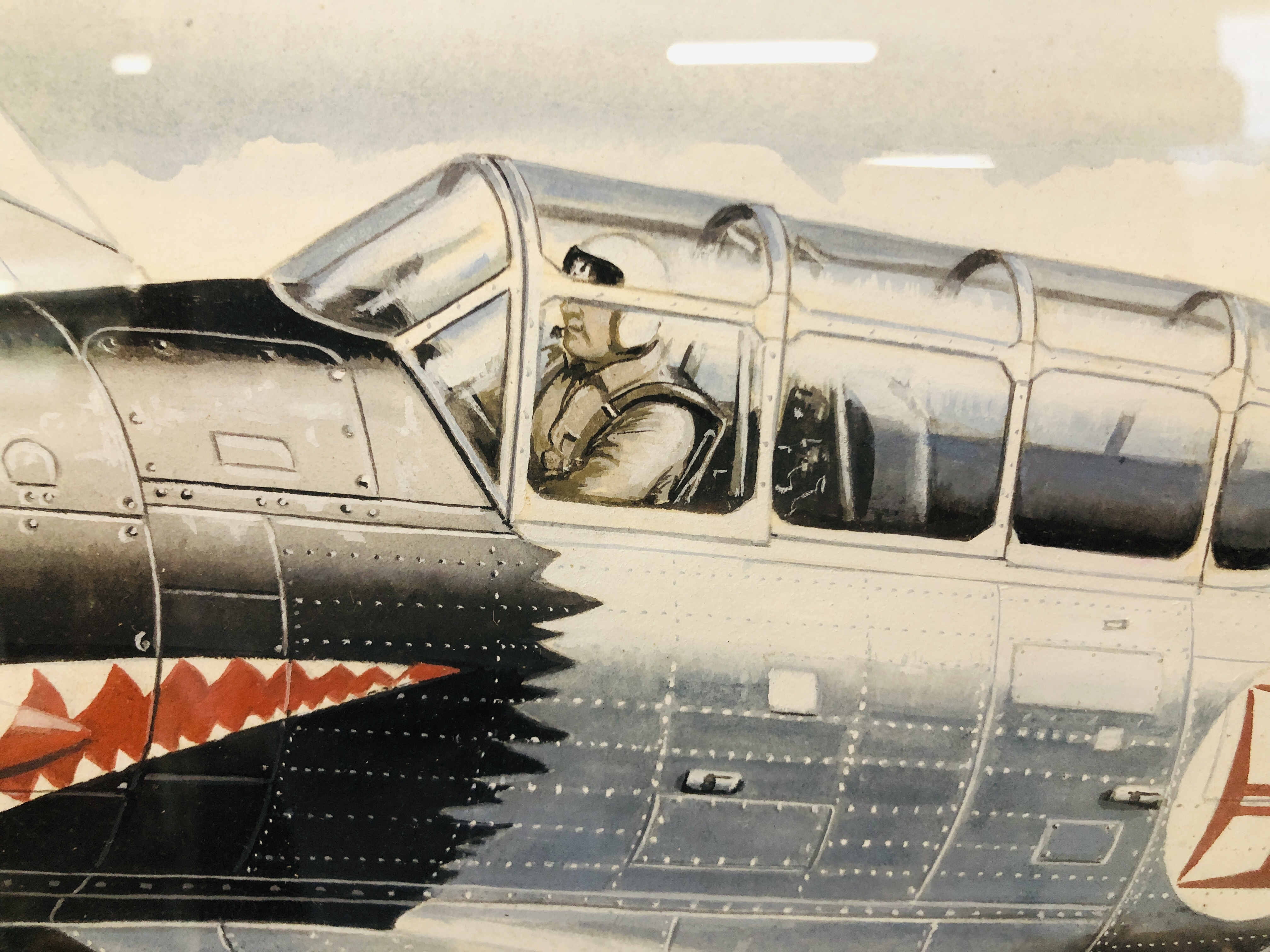 AN ORIGINAL FRAMED WATERCOLOUR OF AN AIRCRAFT IN FLIGHT BEARING SIGNATURE "MIKE BAILEY" W 74CM, - Image 3 of 4