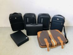 4 X ASSORTED BLACK HOLDALL / LUGGAGE CASES + A BRIEF CASE AND ONE OTHER SUITCASE AND HARDCASE.