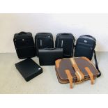 4 X ASSORTED BLACK HOLDALL / LUGGAGE CASES + A BRIEF CASE AND ONE OTHER SUITCASE AND HARDCASE.