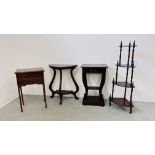 FOUR PIECES OF REPRODUCTION OCCASIONAL FURNITURE TO INCLUDE TWO TIER SINGLE DRAWER STAND WIDTH 47CM.