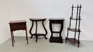 FOUR PIECES OF REPRODUCTION OCCASIONAL FURNITURE TO INCLUDE TWO TIER SINGLE DRAWER STAND WIDTH 47CM.