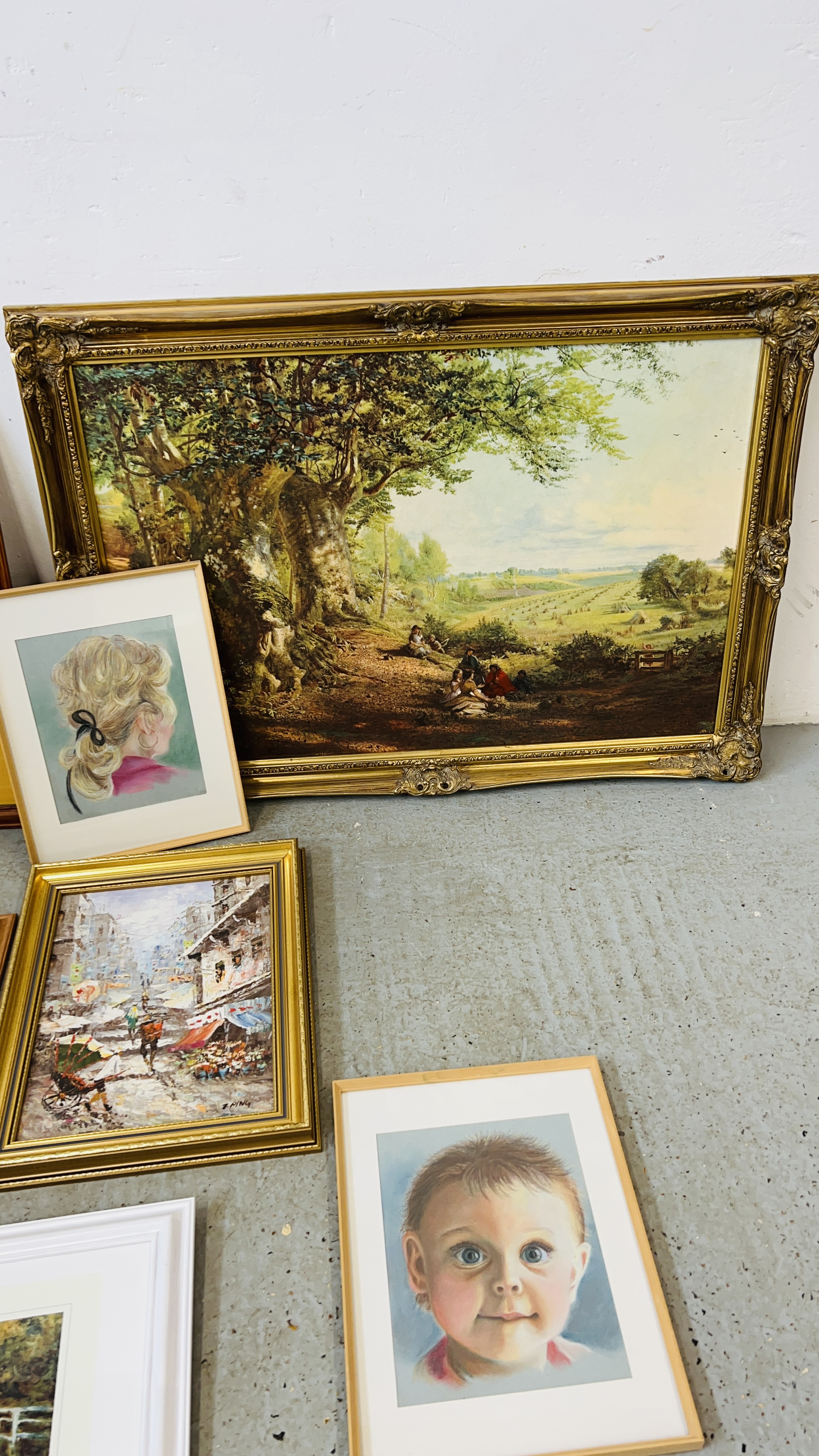 A DEGAS PRINT AND TWO MONET PRINTS, TWO ORIGINAL FRAMED PORTRAITS, - Image 5 of 6