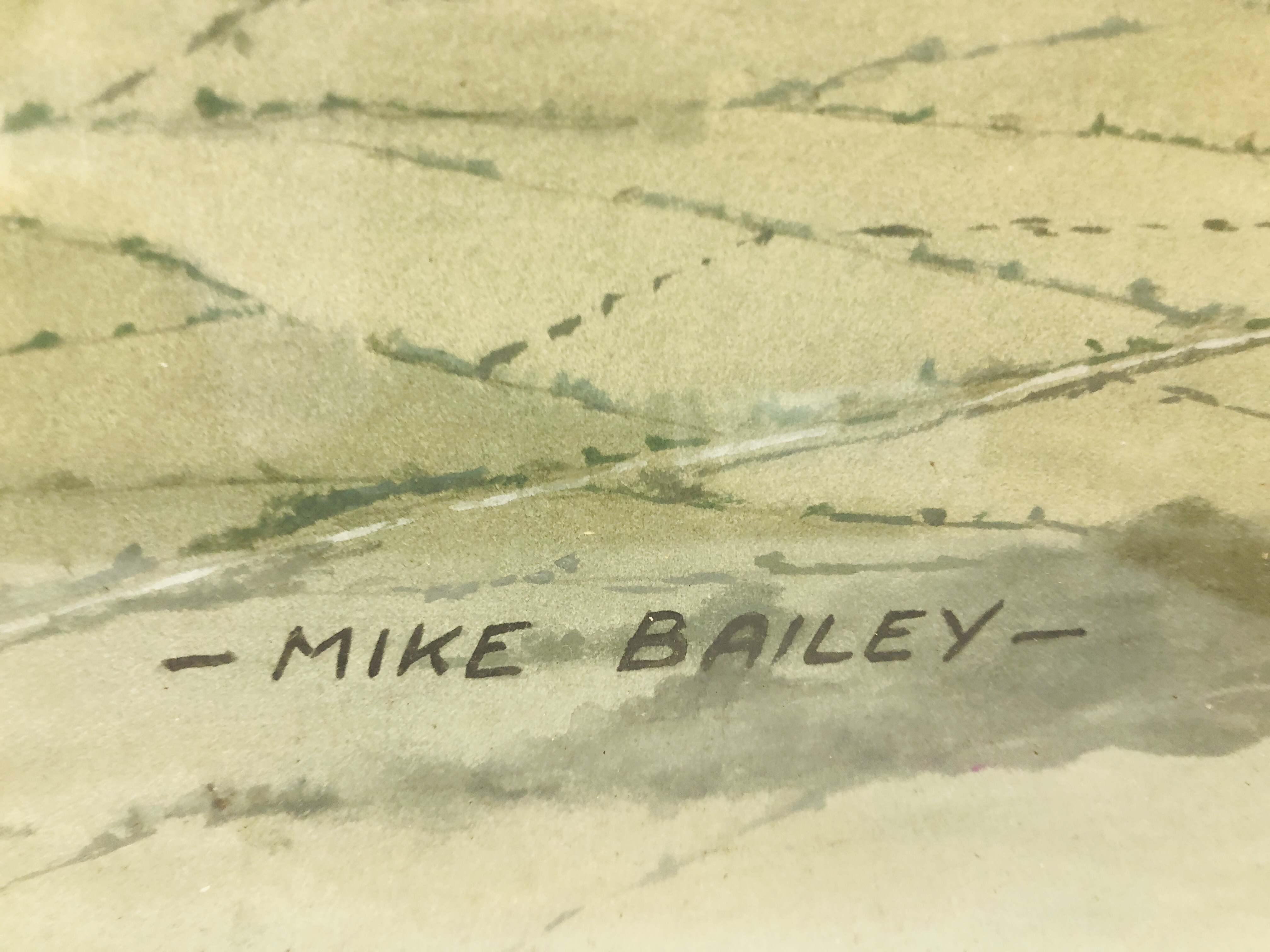 AN ORIGINAL FRAMED WATERCOLOUR OF AN AIRCRAFT IN FLIGHT BEARING SIGNATURE "MIKE BAILEY" W 74CM, - Image 4 of 4
