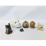COLLECTION OF STUDIO POTTERY TO INCLUDE A WHITE GLAZED BUST, VASE BEARING INITIALS,