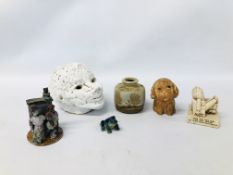 COLLECTION OF STUDIO POTTERY TO INCLUDE A WHITE GLAZED BUST, VASE BEARING INITIALS,