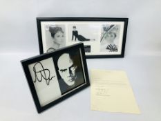 A FRAMED AND MOUNTED AUDREY HEPBURN WALL DISPLAY ALONG WITH YUL BRYNNER BEARING SIGNATURE WITH