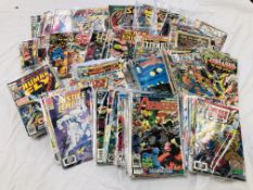 BOX CONTAINING VINTAGE MARVEL AND DC COMIC BOOKS INCLUDING HOWARD THE DUCK NUMBER 1, IRON MAN,