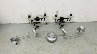 DESIGNER CEILING MOUNTED LIGHT FITTING HAVING FOUR BULBS ALONG WITH A PAIR OF DESIGNER METAL CRAFT