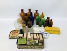 A COLLECTION OF CHEMISTS PARAPHERNALIA TO INCLUDE POISON BOTTLES, STAMPS, TINS,