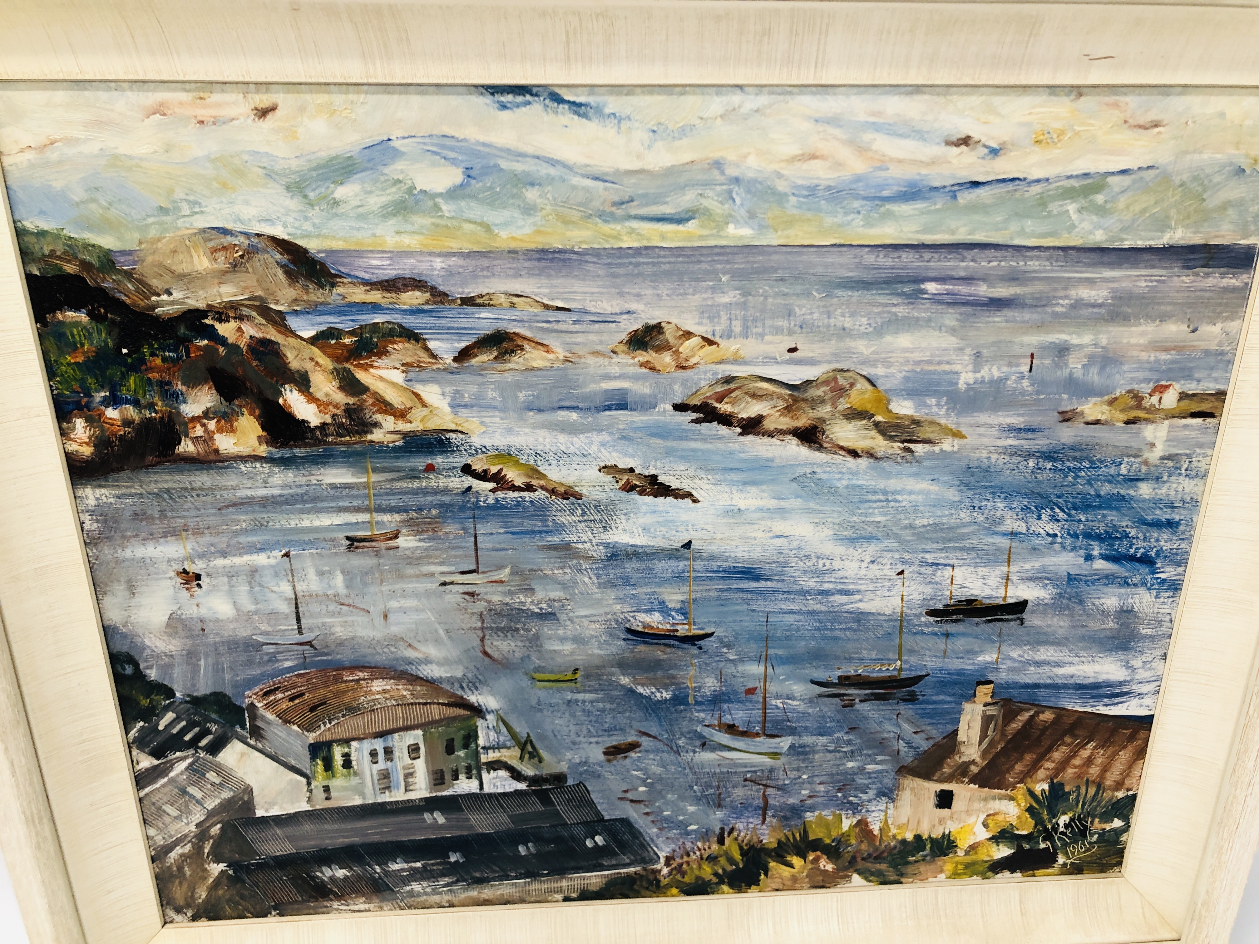 GEORGE KELLY OIL ON BOARD "THE HARBOUR TARBERT" 1961 FRAMED AND MOUNTED. - Image 2 of 5