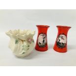 PAIR OF VINTAGE RED GLASS VASES DECORATED WITH A BLACK AND WHITE CAMEO DESIGN A/F, BELLEEK VASE.