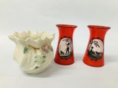 PAIR OF VINTAGE RED GLASS VASES DECORATED WITH A BLACK AND WHITE CAMEO DESIGN A/F, BELLEEK VASE.