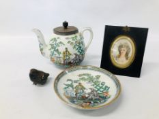 A VINTAGE JAPANESE TEA POT WITH HAND PAINTED DESIGN ALONG WITH A PEKIN HAND PAINTED JAPANESE DISH,