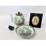 A VINTAGE JAPANESE TEA POT WITH HAND PAINTED DESIGN ALONG WITH A PEKIN HAND PAINTED JAPANESE DISH,