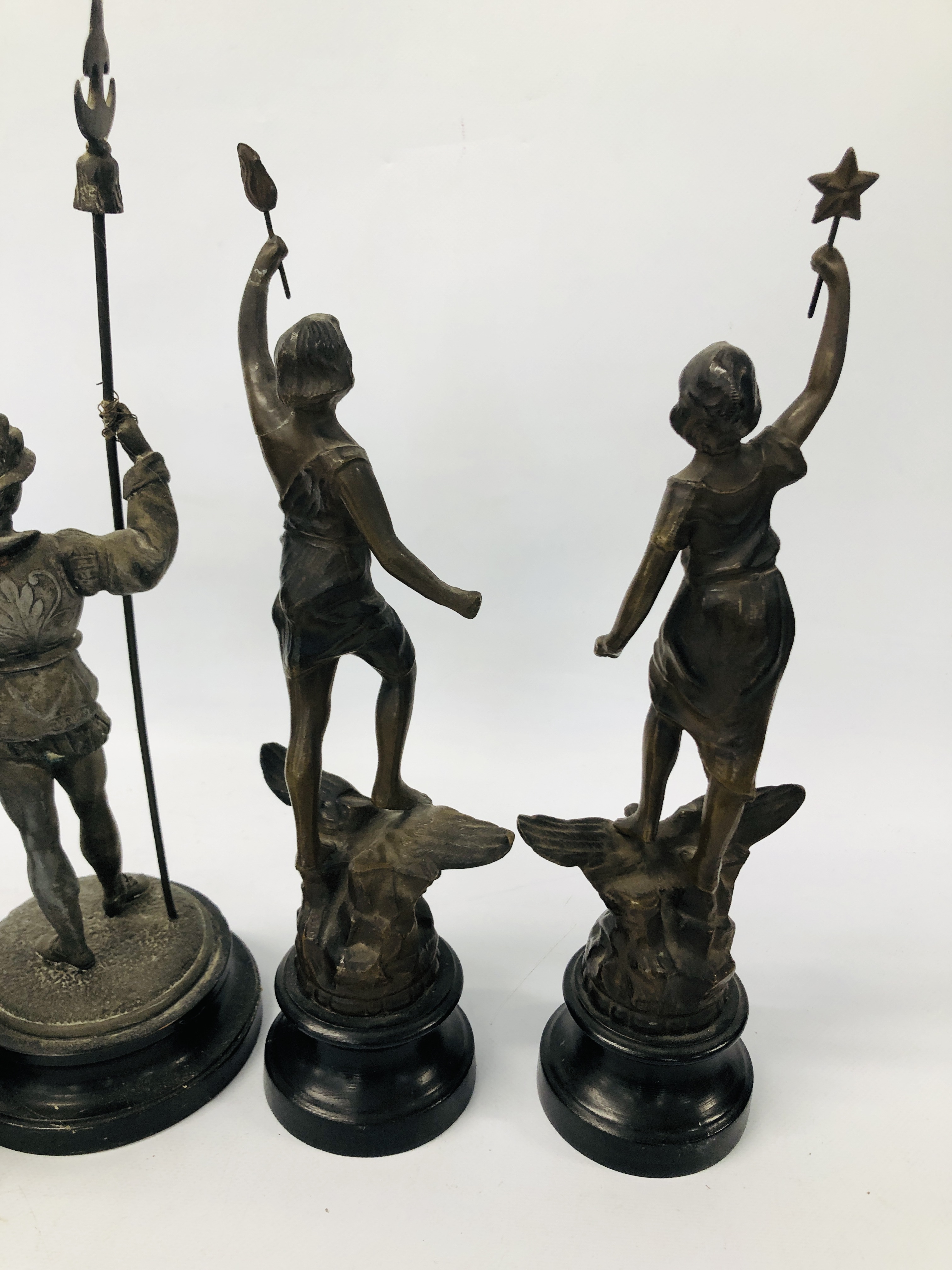 A PAIR OF SPELTER BRONZE FINISH FIGURES BALANCED ON EAGLES SUPPORTING STARS AND FLAME, A/F TO ARM, - Image 8 of 10