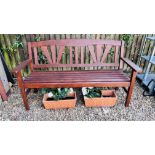 WOODEN GARDEN BENCH ALONG WITH TWO RECTANGLE TERRACOTTA PLANTERS.