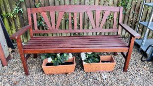 WOODEN GARDEN BENCH ALONG WITH TWO RECTANGLE TERRACOTTA PLANTERS.