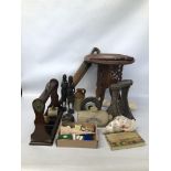 BOX OF ASSORTED COLLECTABLES TANTALUS STAND, STONEWARE HOT WATER BOTTLE, PAIR OF ETHNIC CARVINGS,