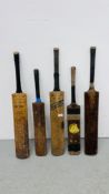 FIVE VINTAGE CRICKET BATS TO INCLUDE SLAZENGER, VICTORY WILLOW,