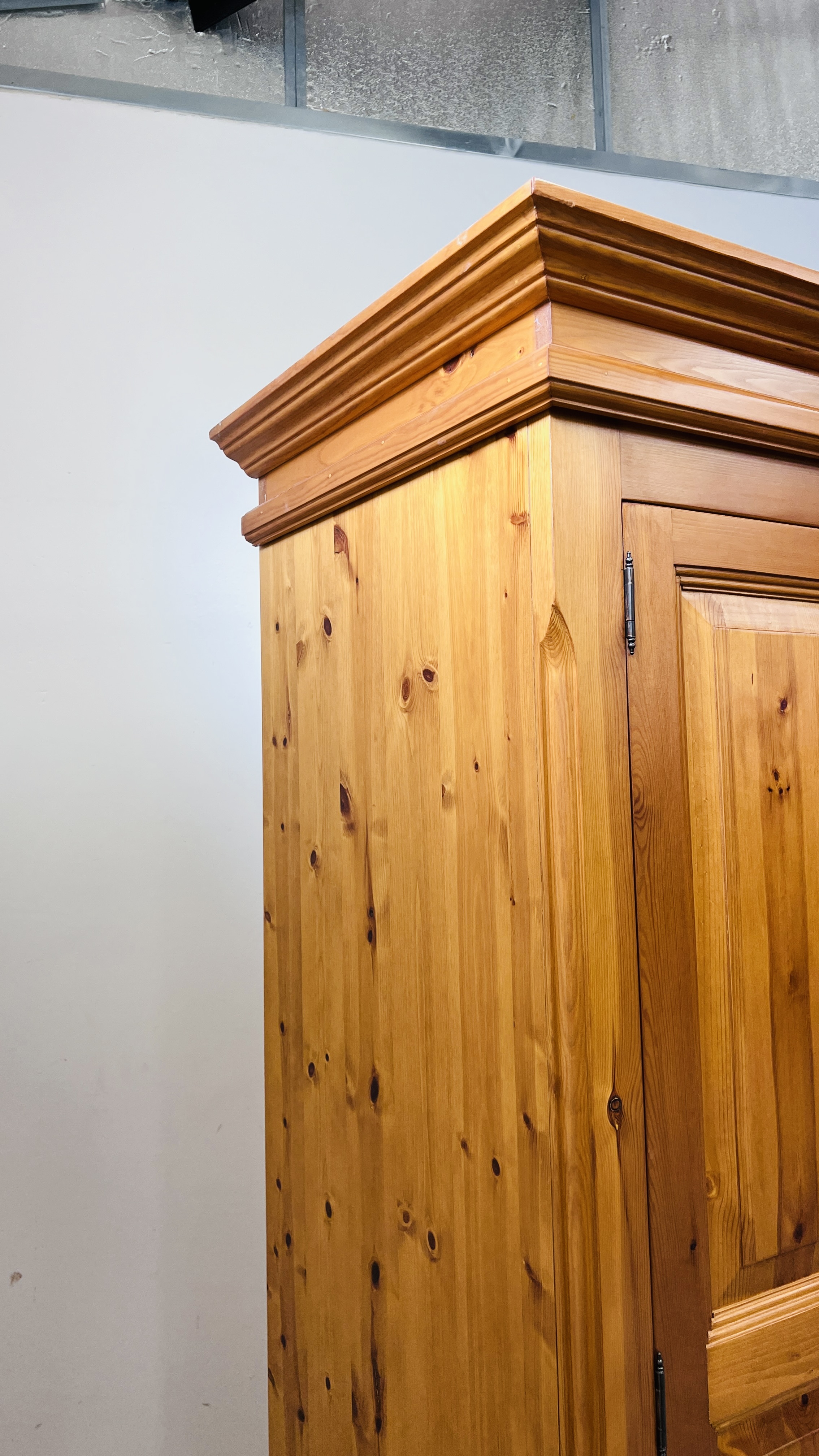 A GOOD QUALITY HONEY PINE FOUR DOOR WARDROBE WITH TWO DRAWER BASE WIDTH 228CM. DEPTH 59CM. - Image 11 of 14