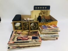 BOX OF MIXED COLLECTIBLES TO INCLUDE BINOCULARS, BROWNIE CAMERA, ART GLASS, STAFFORDSHIRE POTTERY,