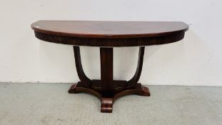 REPRODUCTION MAHOGANY FINISH DEMI LUNE HALL TABLE WIDTH 133CM. DEPTH 49CM. HEIGHT 72CM.