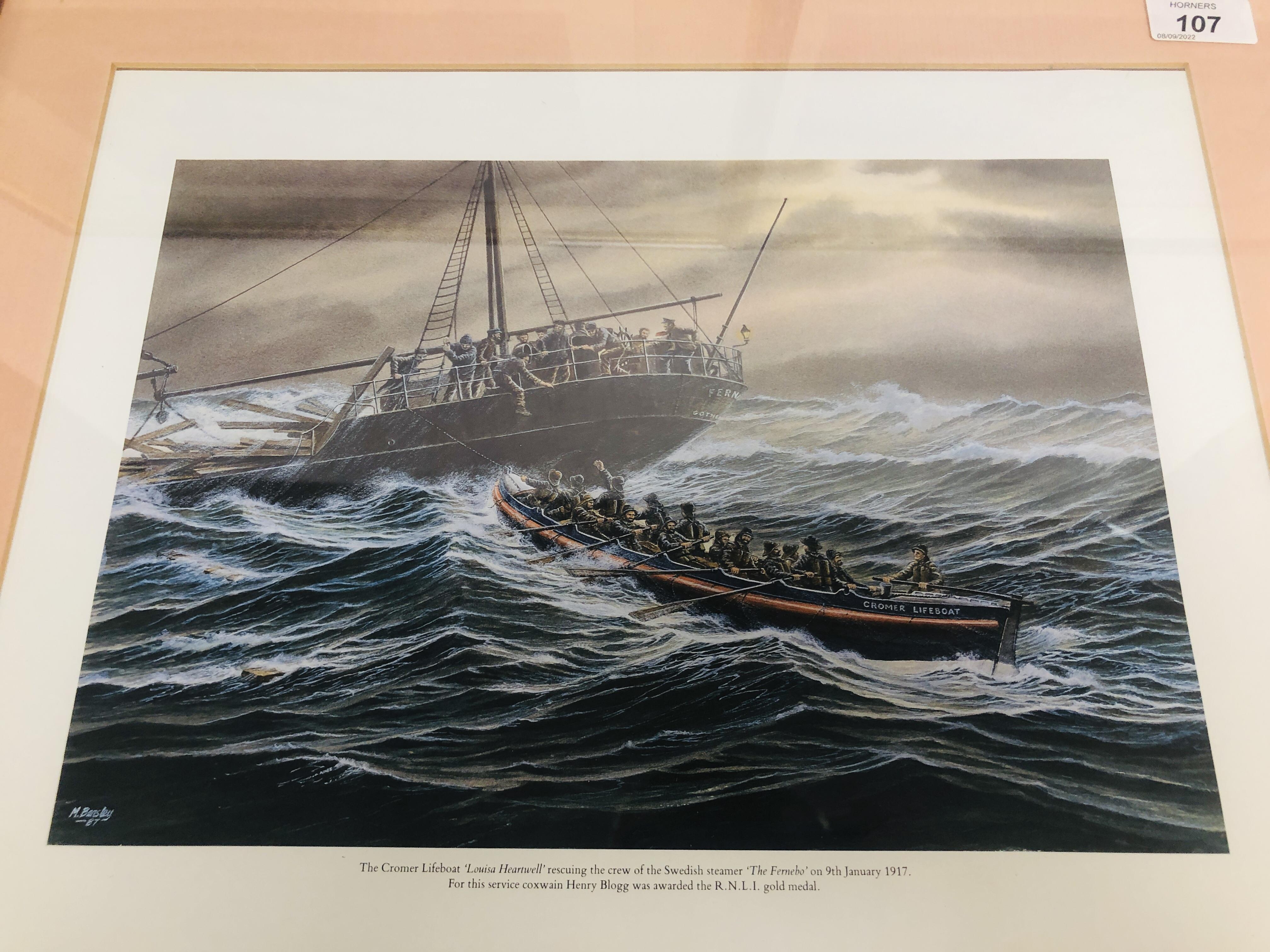 THREE FRAMED MICK BENSLEY NORFOLK LIFEBOAT RESCUE SCENES - SHERINGHAM, CAISTER, CROMER EACH 22. - Image 2 of 10