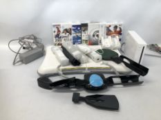 A NINTENDO Wii CONSOLE WITH VARIOUS ACCESSORIES TO INCLUDE CONTROLLERS,