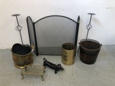 AN OAK IRON BOUND BUCKET ALONG WITH A BRASS HELMET SHAPED COAL BUCKET, BRASS TRIVET, SPARK GUARD,