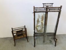 AN ANTIQUE THREE FOLD BAMBOO SCREEN WITH THREE GLASS PANELS WITH FERN LEAF DETAIL A/F WITH BAMBOO