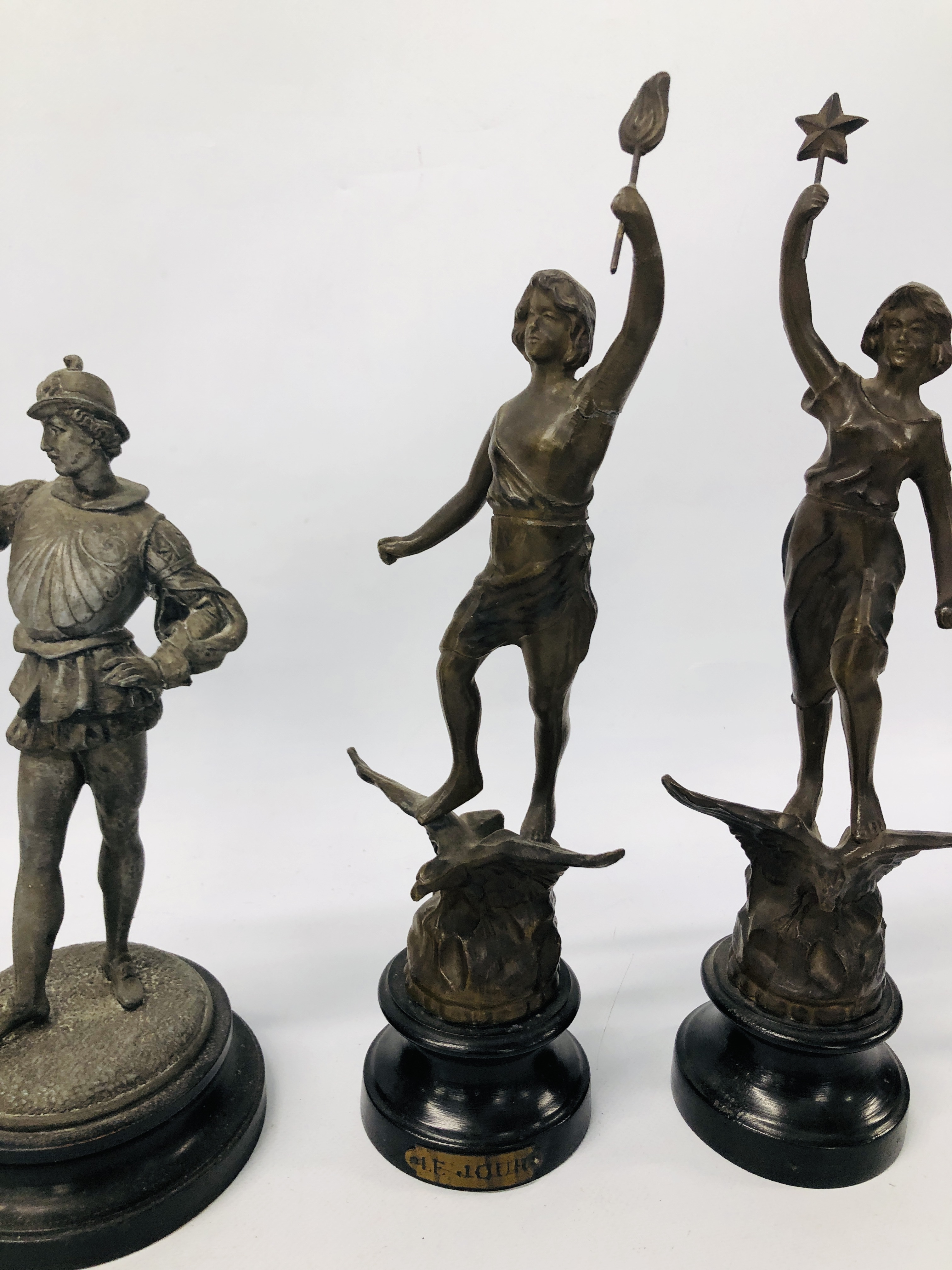 A PAIR OF SPELTER BRONZE FINISH FIGURES BALANCED ON EAGLES SUPPORTING STARS AND FLAME, A/F TO ARM, - Image 4 of 10