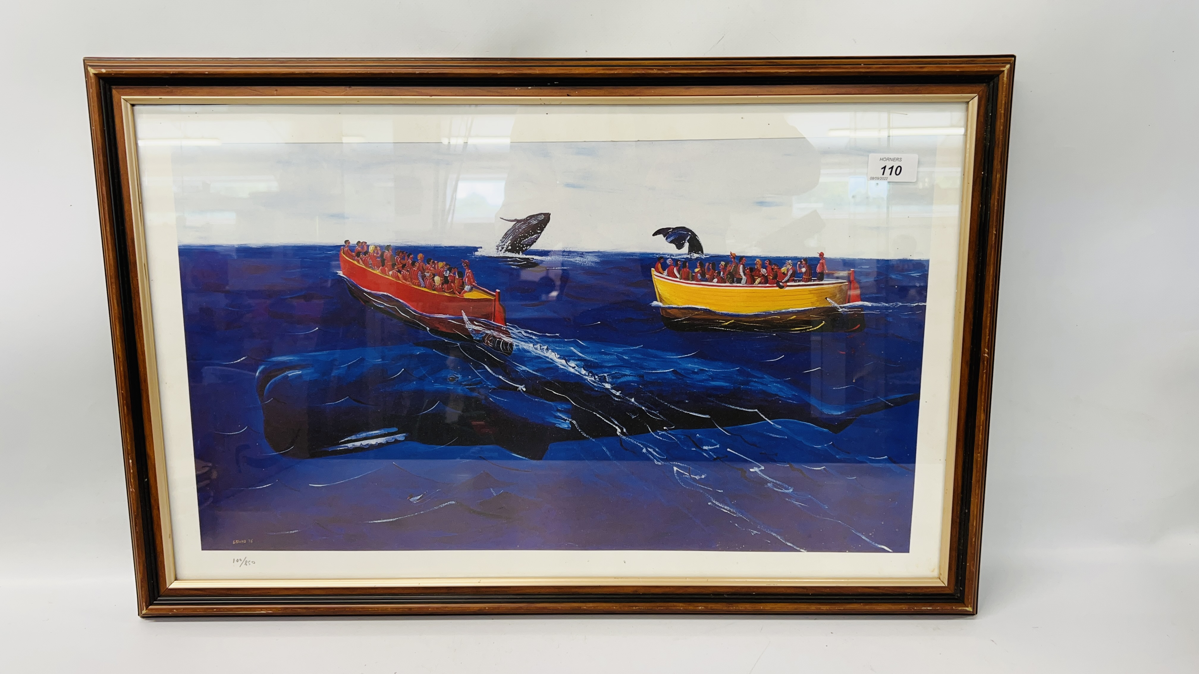 A FRAMED LIMITED EDITION LEWIS PRINT "WHALE WATCHING" 100/850 34CM X 59.5CM.