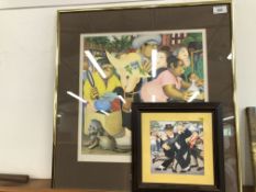 2 X BERYL COOK PRINTS TO INCLUDE A MARKET SCENE SIGNED IN MARGIN 40 X 40CM + A COUPLE DANCING 14.