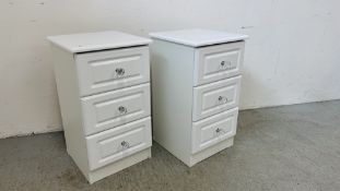 PAIR OF MODERN WHITE GLOSS FINISH THREE DRAWER BEDSIDE CHESTS WIDTH 40CM. DEPTH 40CM. HEIGHT 70CM.
