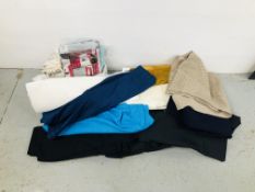 TWO BOXES OF DRESS MAKING FABRICS TO INCLUDE TAILOR FABRICS, SUITING POLYESTERS,