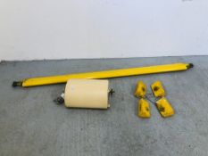 AN AIRCRAFT RELATED ALUMINIUM HITCH BAR ALONG WITH TANK AND TWO SETS OF AEROPLANE CHOCKS.