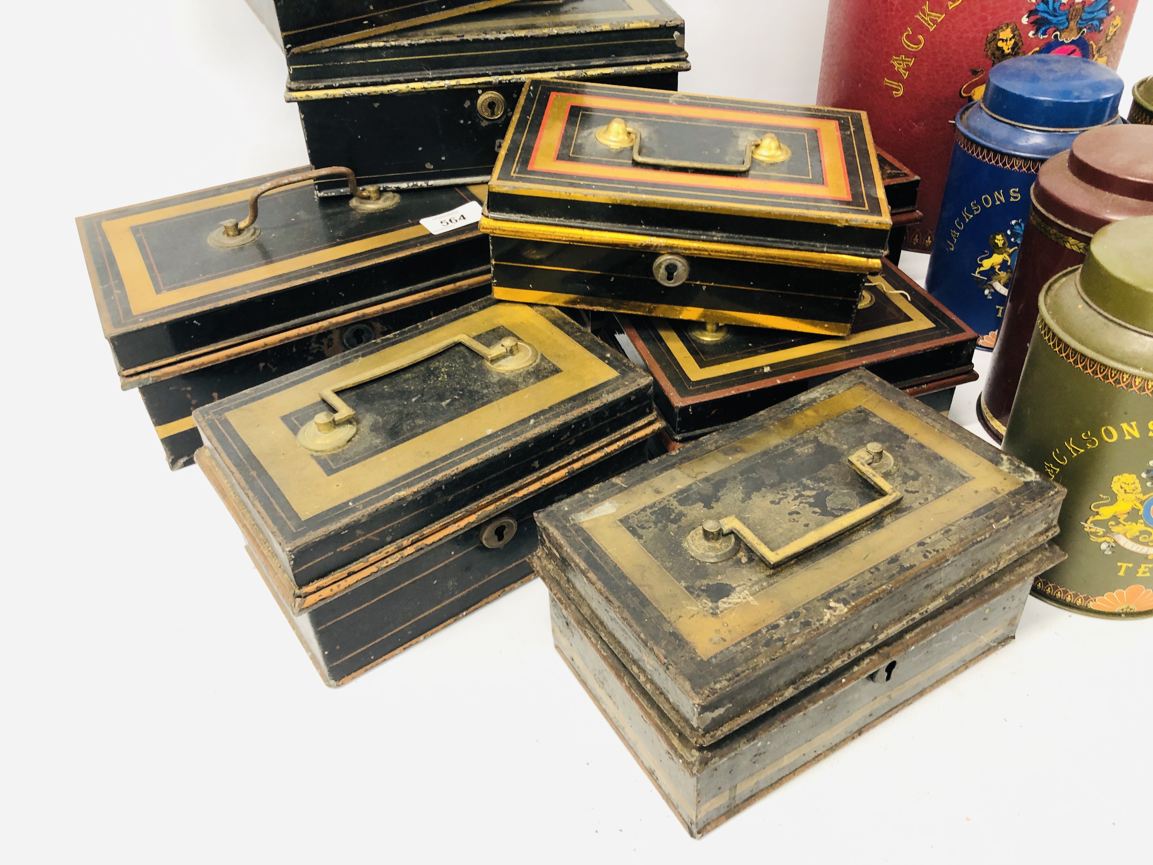 7 JACKSONS OF PICCADILLY TEA TINS ALONG WITH 8 VINTAGE BLACK AND GOLD TONE CASH TINS - Image 6 of 6