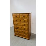 A GOOD QUALITY SOLID PINE TWO OVER FIVE CHEST OF DRAWERS, W 92CM, D 46CM, H 131CM.