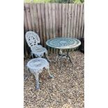 A DECORATIVE CAST METAL GARDEN TABLE, CHAIR AND STOOL.