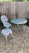 A DECORATIVE CAST METAL GARDEN TABLE, CHAIR AND STOOL.