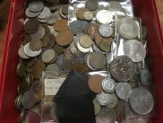 BISCUIT BOX WITH MIXED COINS, HEAVY LOT,