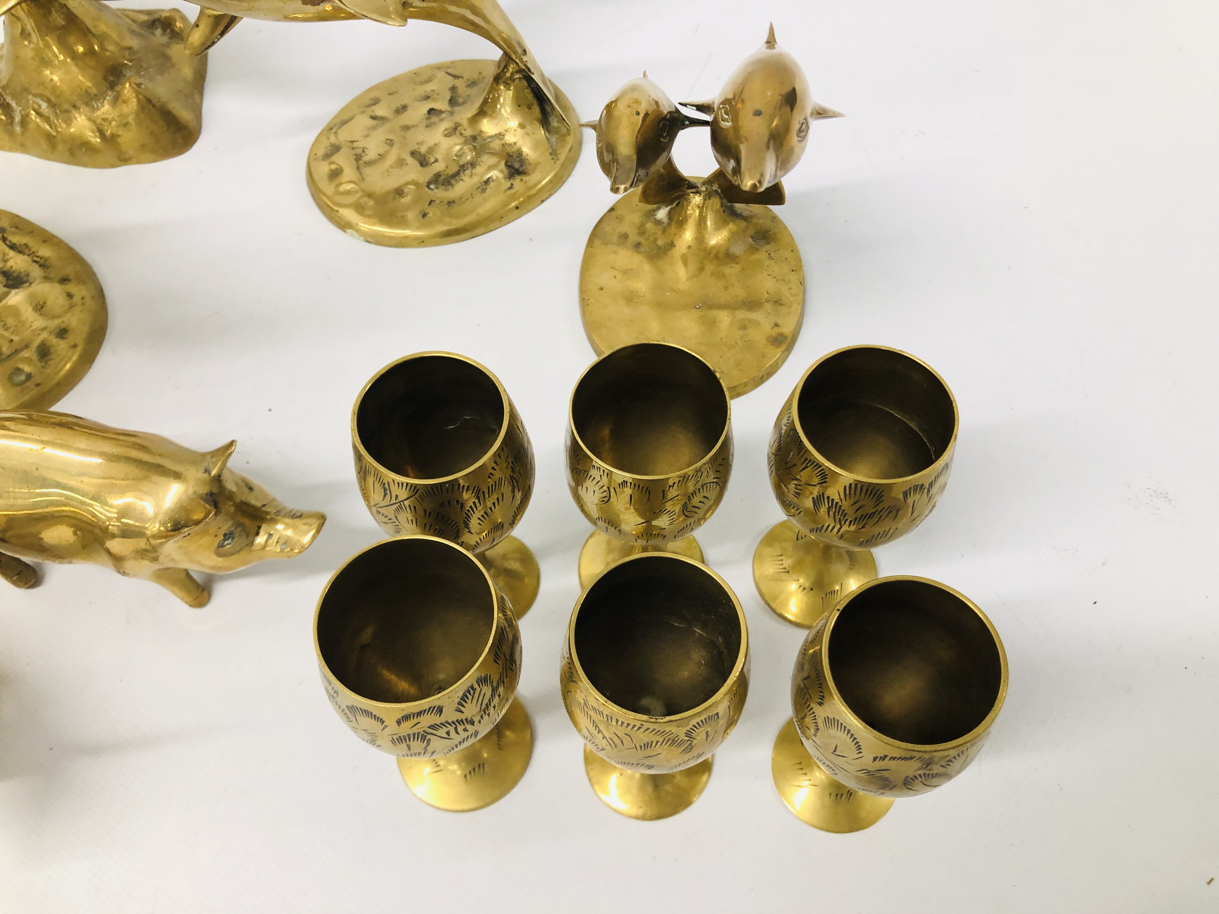 COLLECTION OF BRASS DOLPHINS, PIGS AND GOBLETS. - Image 3 of 6
