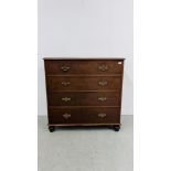 EDWARDIAN MAHOGANY FOUR DRAWER CHEST ON TURNED FEET, HAVING ORNATE BRASS HANDLES WIDTH 109CM.