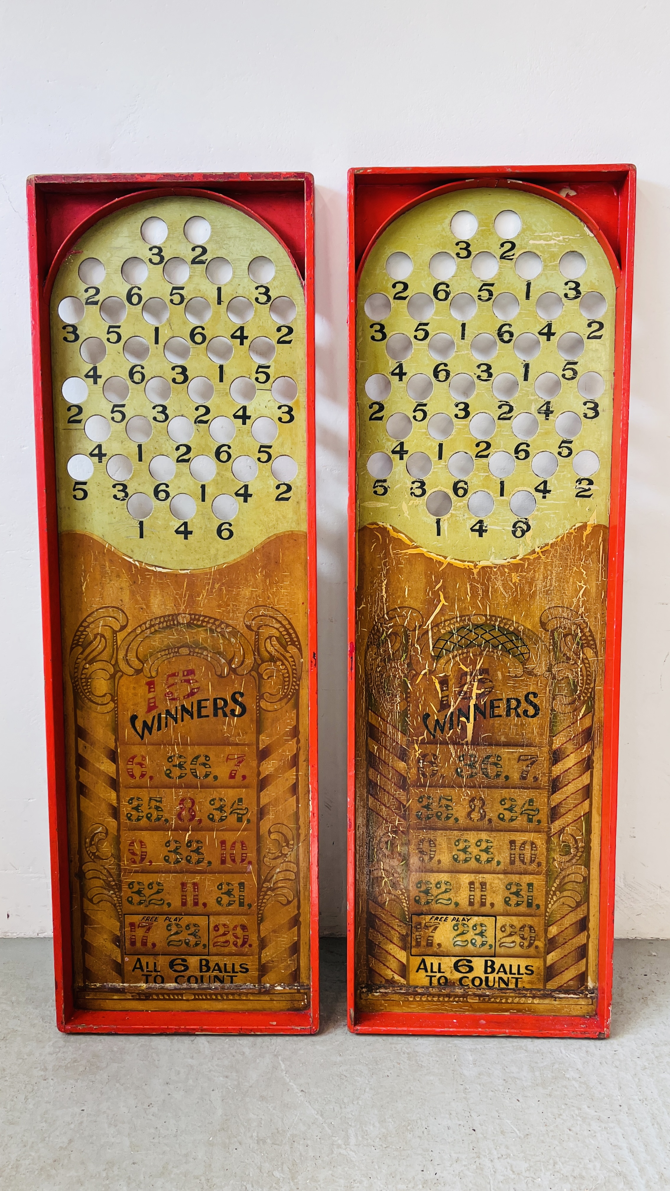 TWO VINTAGE HAND PAINTED FAIRGROUND GAMING BOARDS EACH W 46CM, H 144CM.