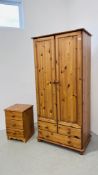 MODERN HONEY PINE TWO DOOR WARDROBE WITH THREE DRAWER BASE WIDTH 86CM. DEPTH 53CM. HEIGHT 180CM.